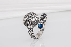 Vegvisir 925 Silver Norse Ring With Blue Gems, Handmade Jewelry - vikingworkshop