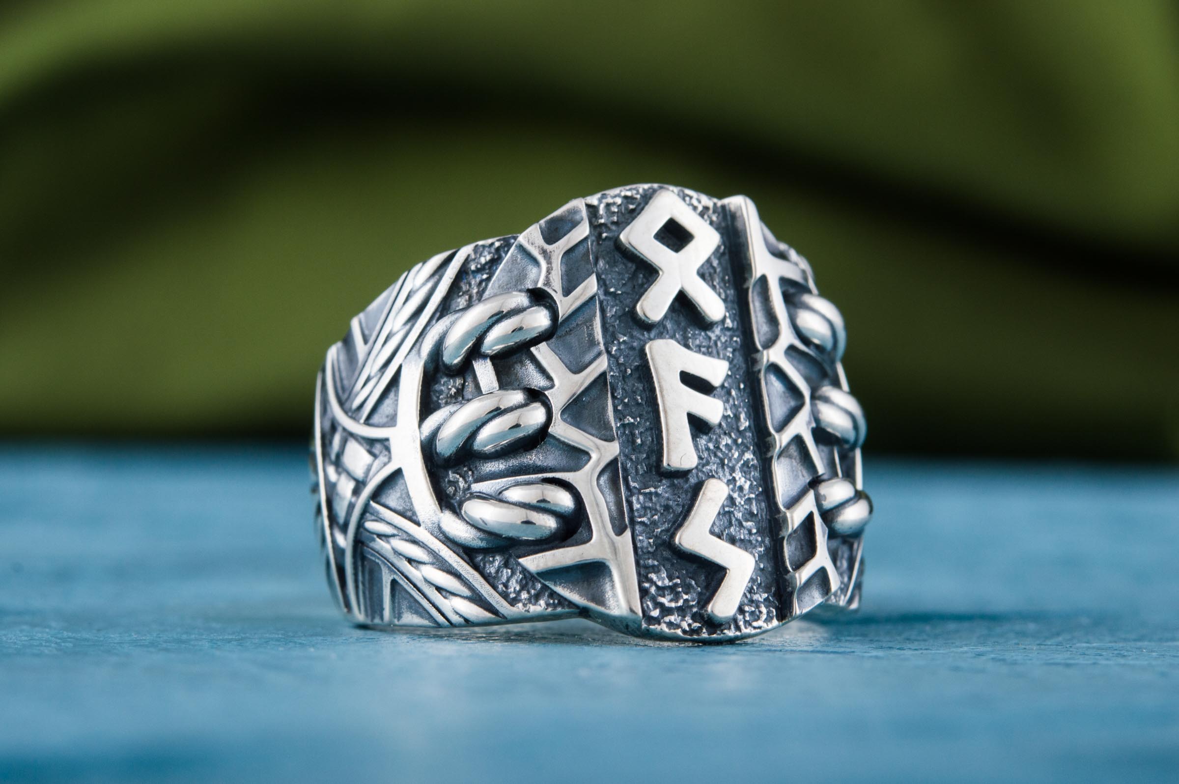 Ring with Scandinavian Runes Sterling Silver Unique Handmade Jewelry - vikingworkshop