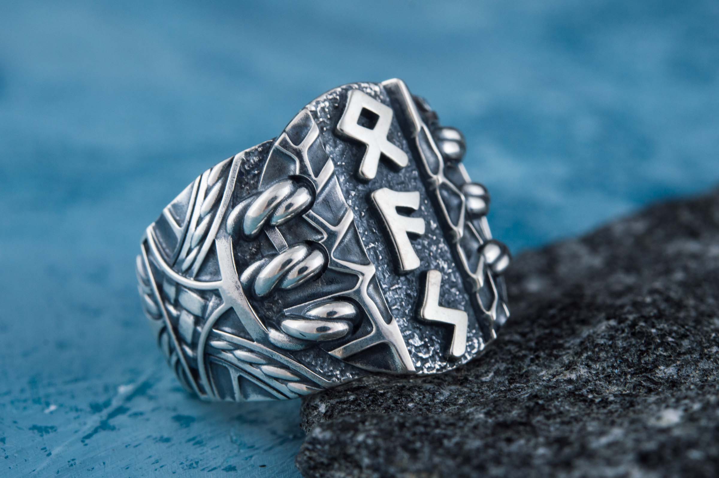 Ring with Scandinavian Runes Sterling Silver Unique Handmade Jewelry - vikingworkshop