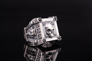 Unique 925 silver ring with Skull and Gems, Veni Vidi Vici inscription - vikingworkshop