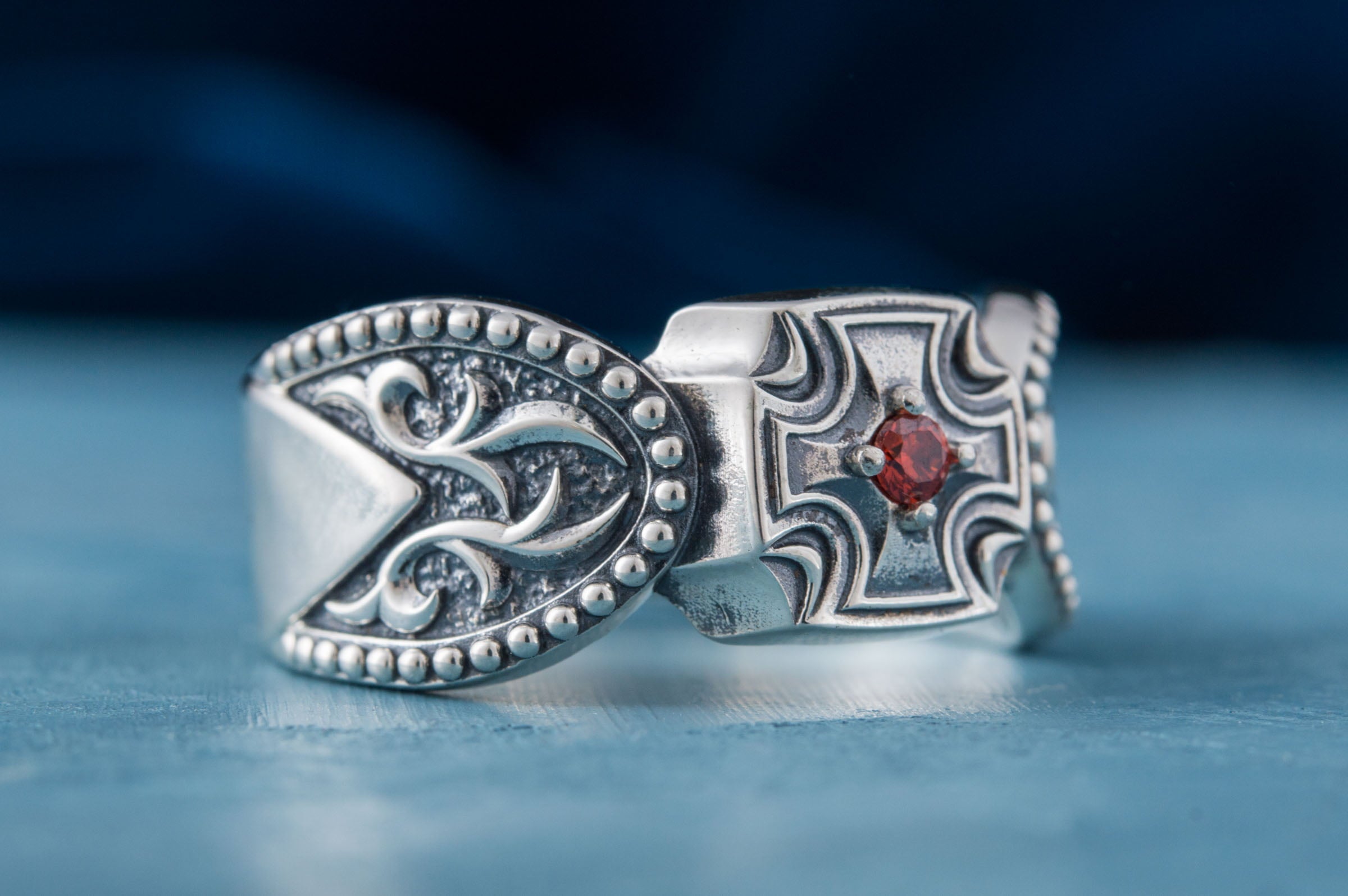 Maltese Cross Ring with Gem Sterling Silver Handmade Jewelry - vikingworkshop