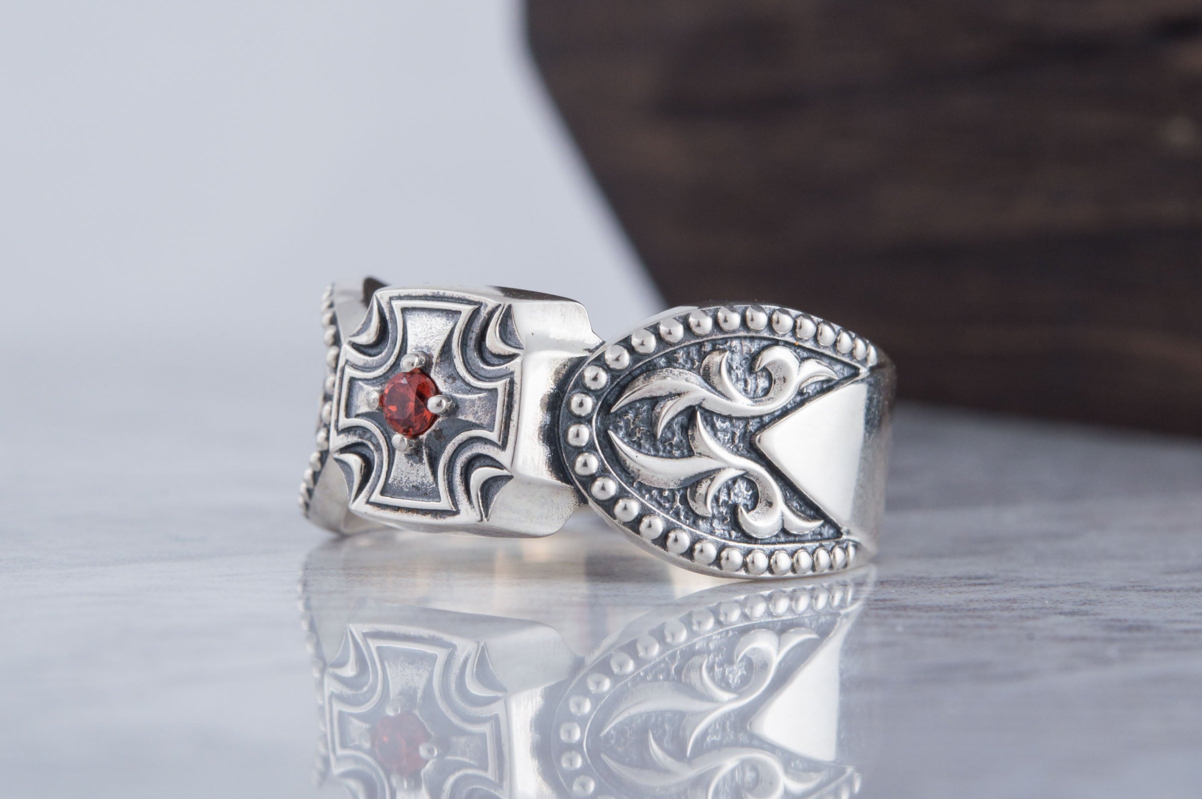 Maltese Cross Ring with Gem Sterling Silver Handmade Jewelry - vikingworkshop