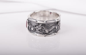 925 Silver Asian Style Dragon Ring with Red Gem - vikingworkshop