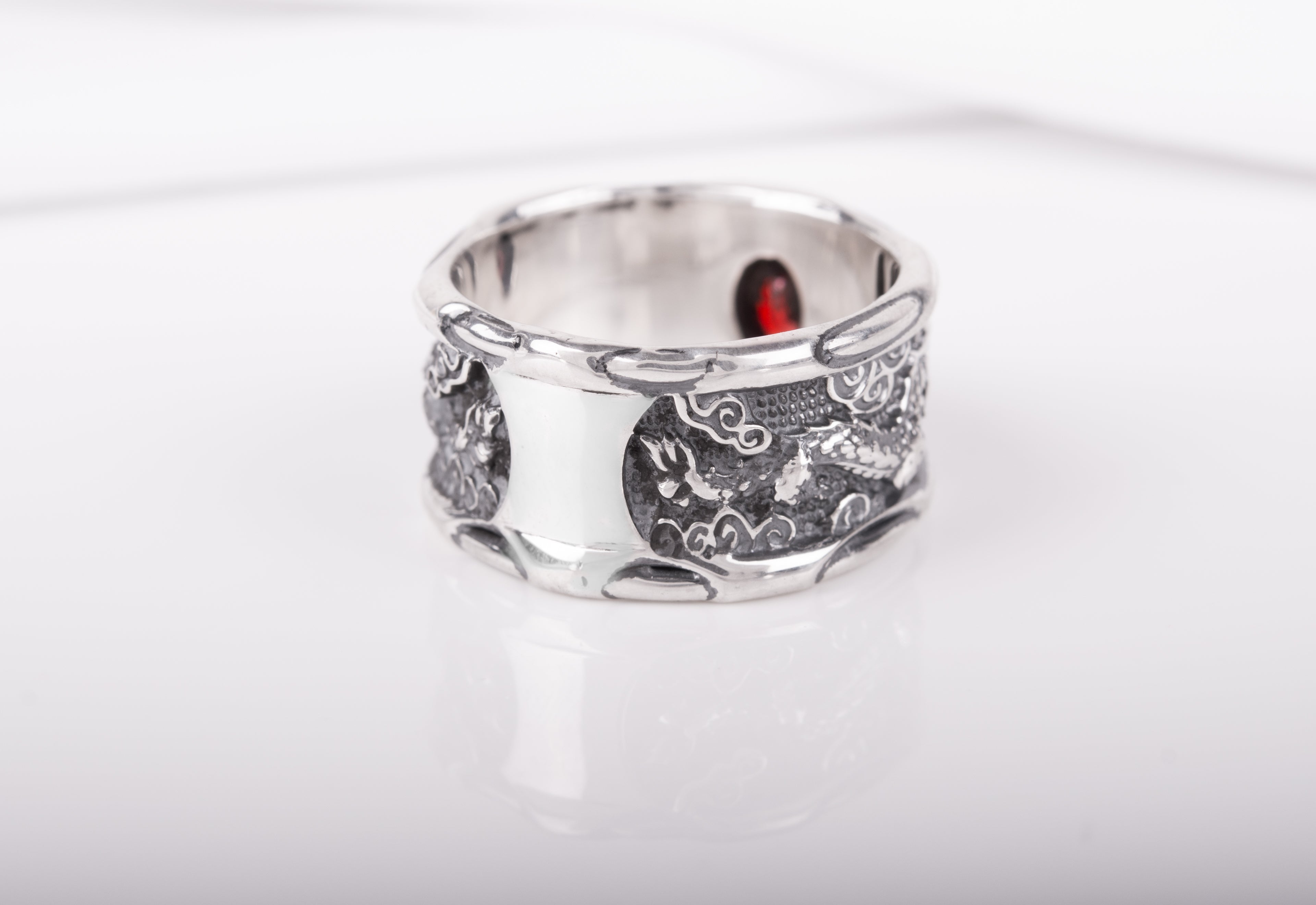 925 Silver Asian Style Dragon Ring with Red Gem - vikingworkshop