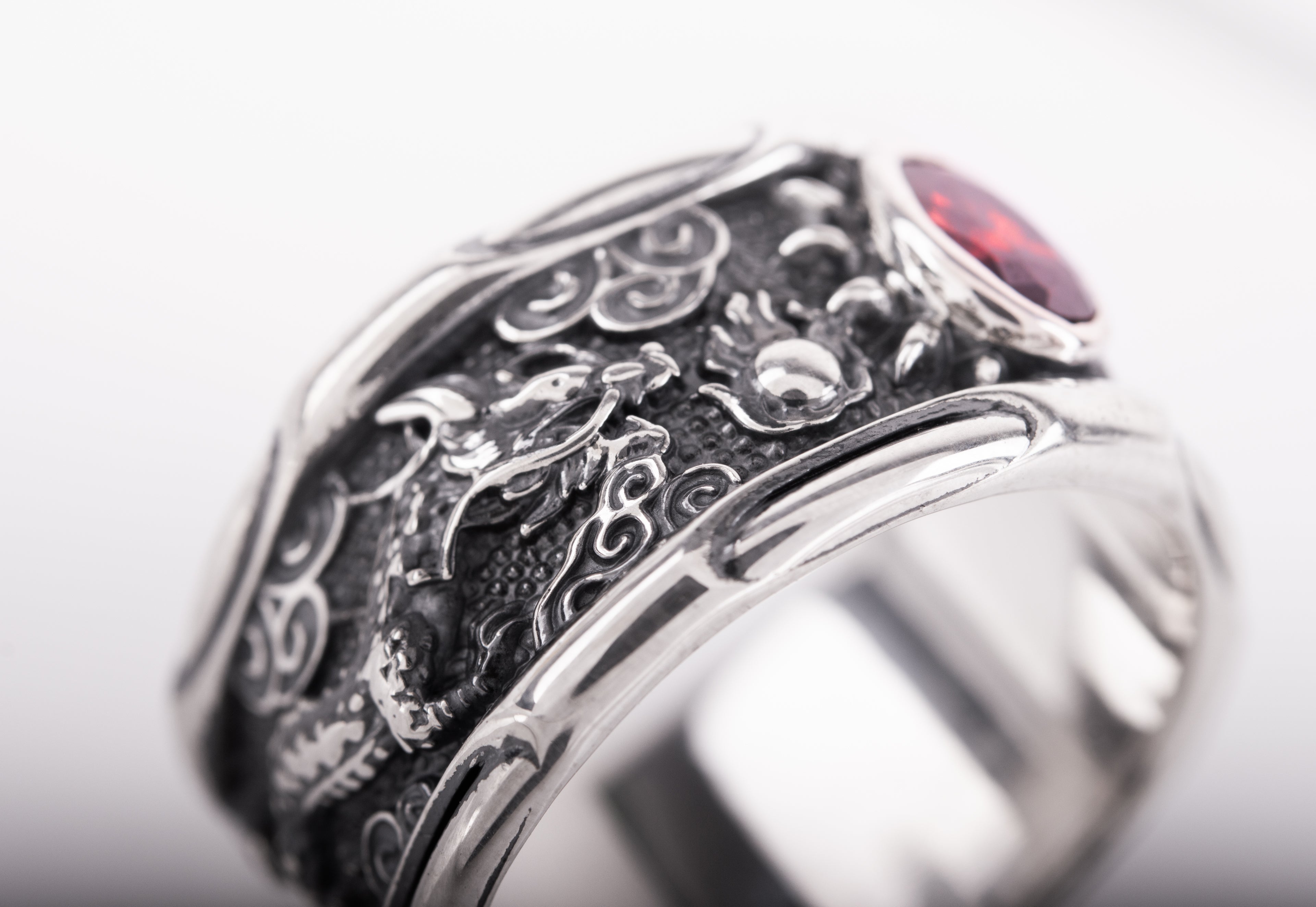 925 Silver Asian Style Dragon Ring with Red Gem - vikingworkshop