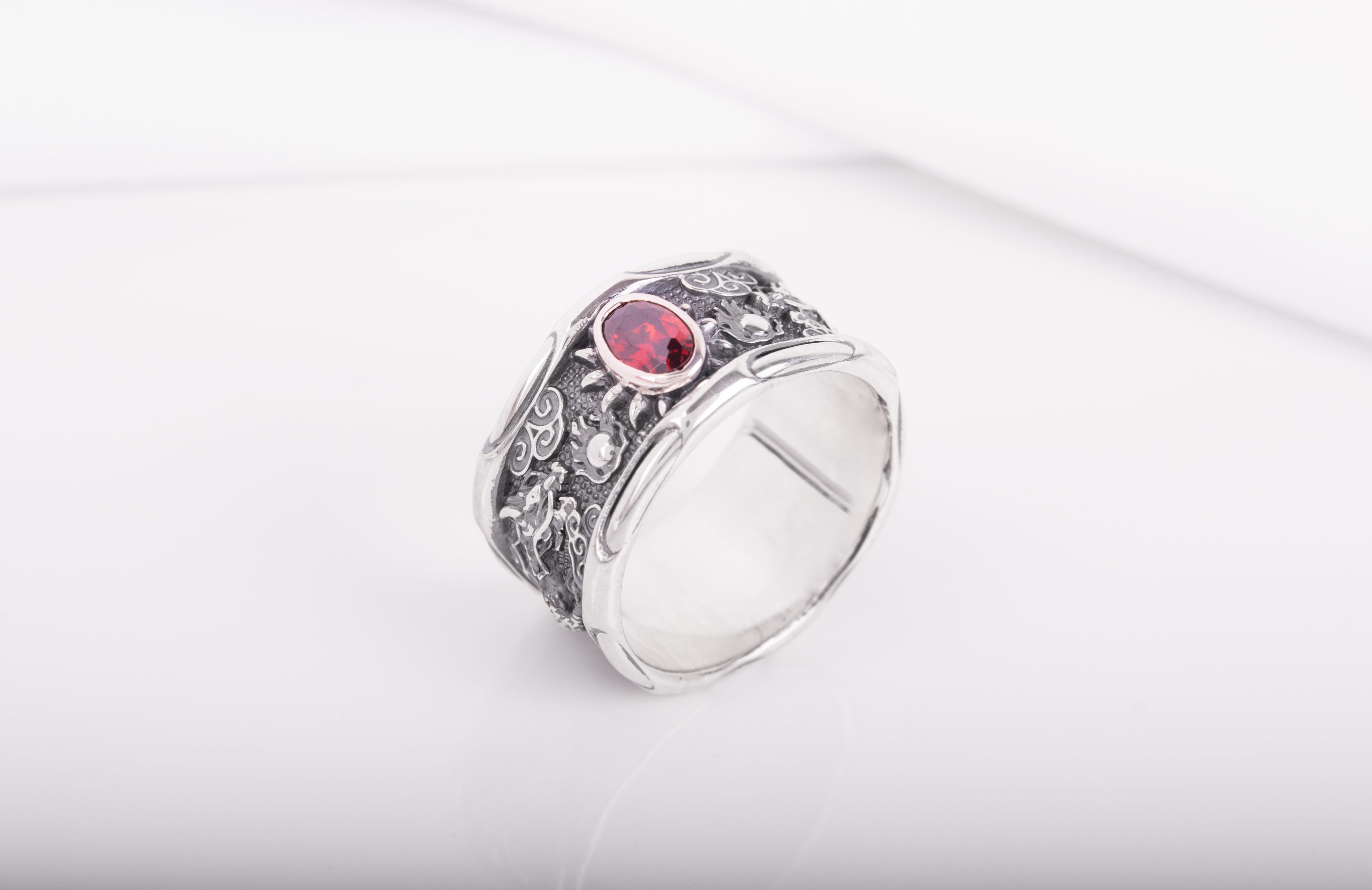 925 Silver Asian Style Dragon Ring with Red Gem - vikingworkshop