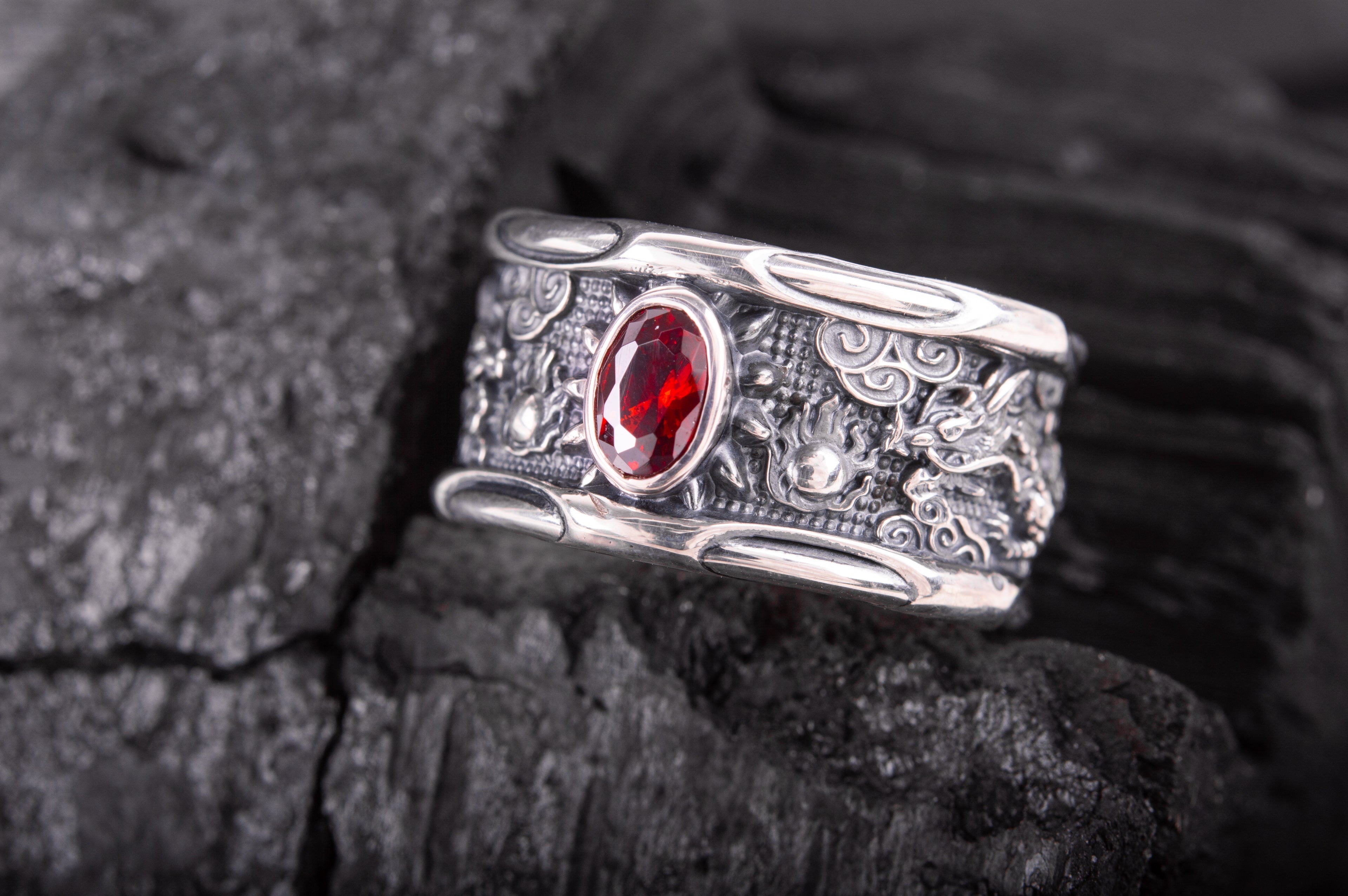 925 Silver Asian Style Dragon Ring with Red Gem - vikingworkshop