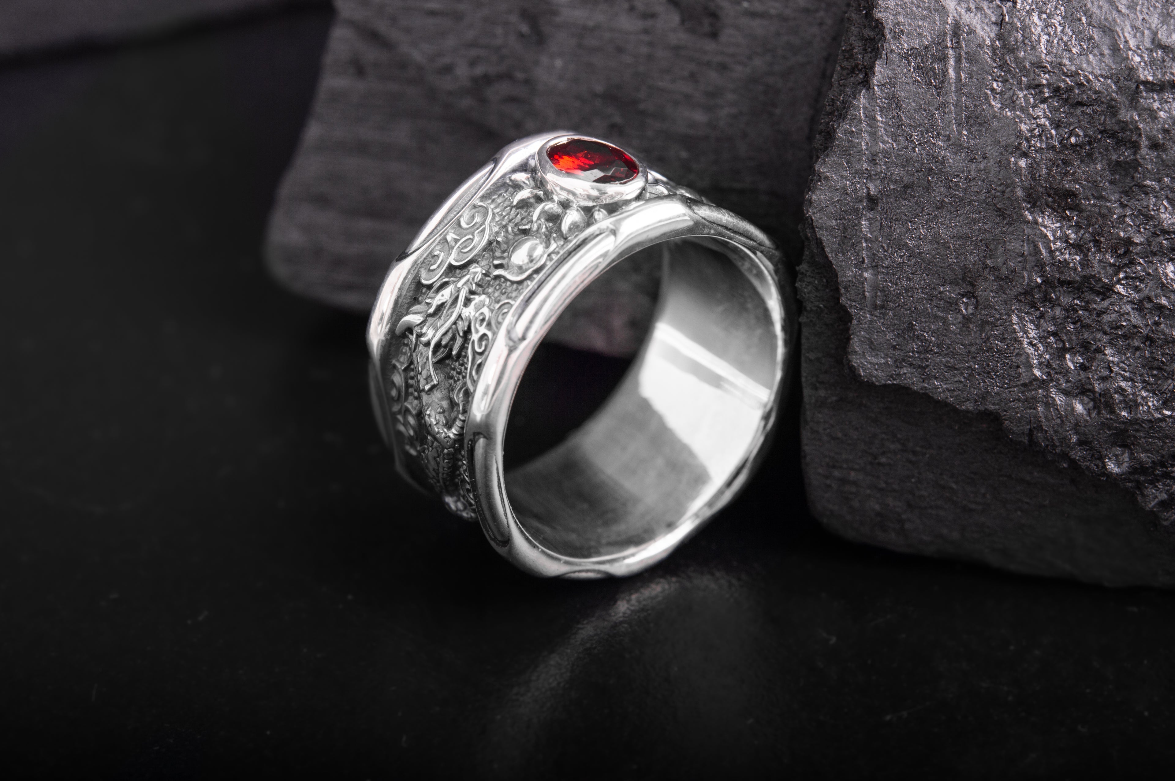 925 Silver Asian Style Dragon Ring with Red Gem - vikingworkshop