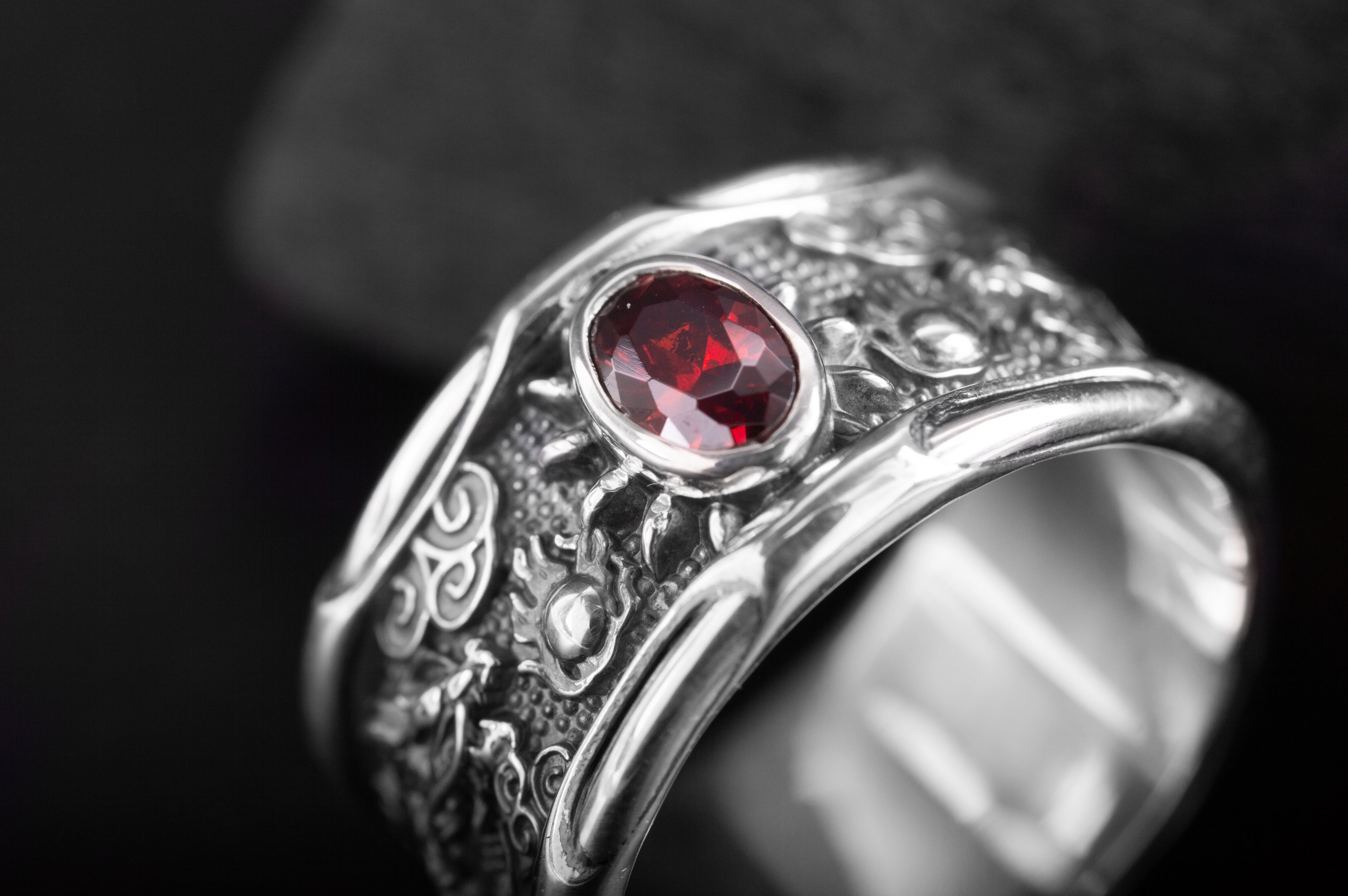 925 Silver Asian Style Dragon Ring with Red Gem - vikingworkshop