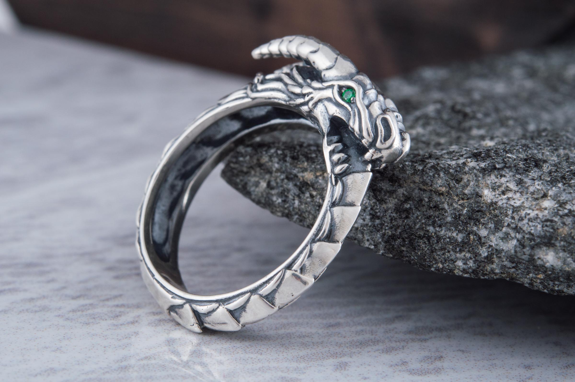 Ouroboros Ring with Gem Sterling Silver Handmade Jewelry - vikingworkshop