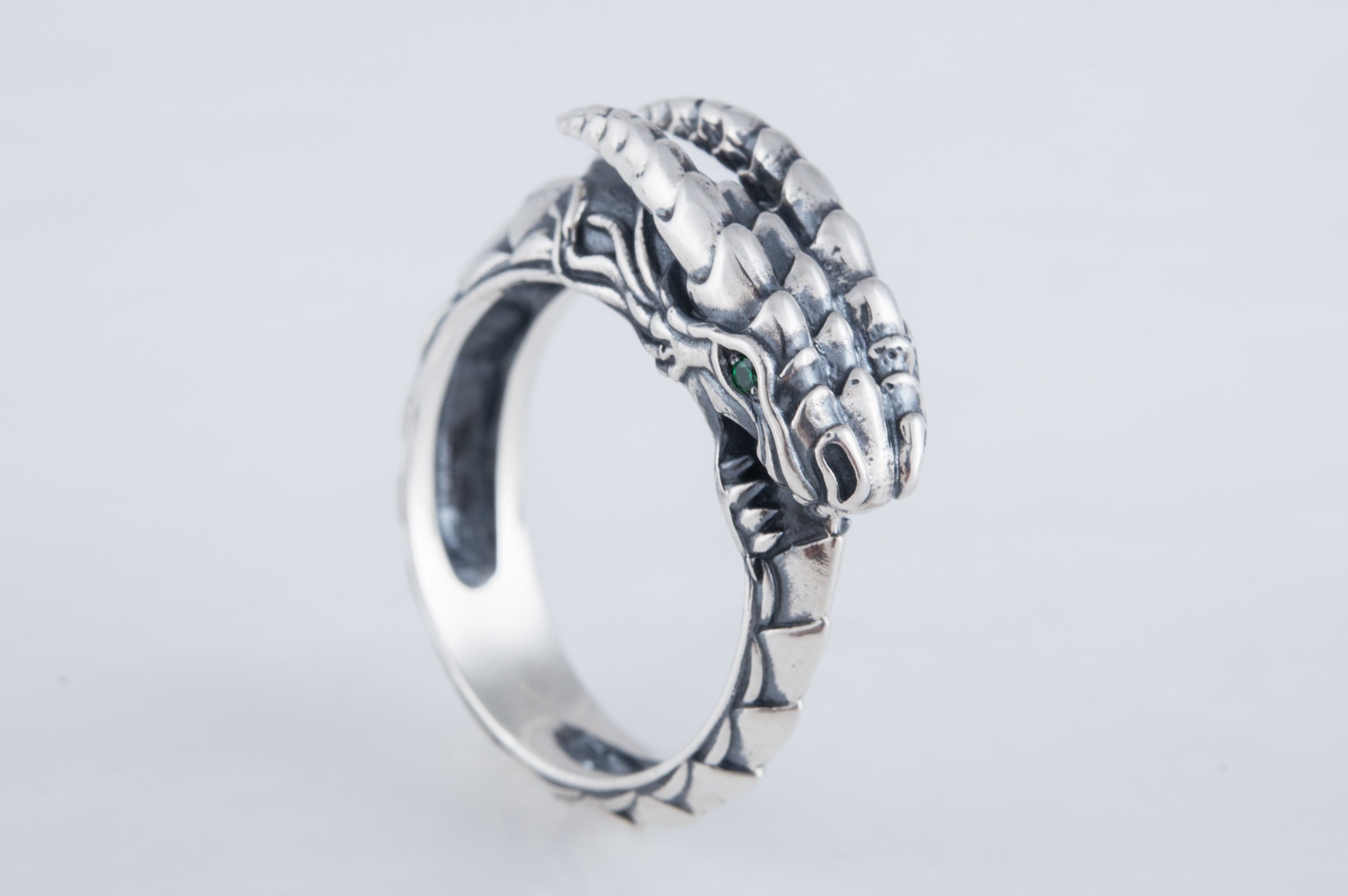 Ouroboros Ring with Gem Sterling Silver Handmade Jewelry - vikingworkshop