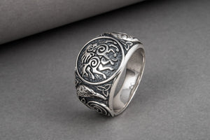 925 silver unique Viking ring with Sleipnir and Ravens on sides, handcrafted ancient norse ornament jewelry - vikingworkshop