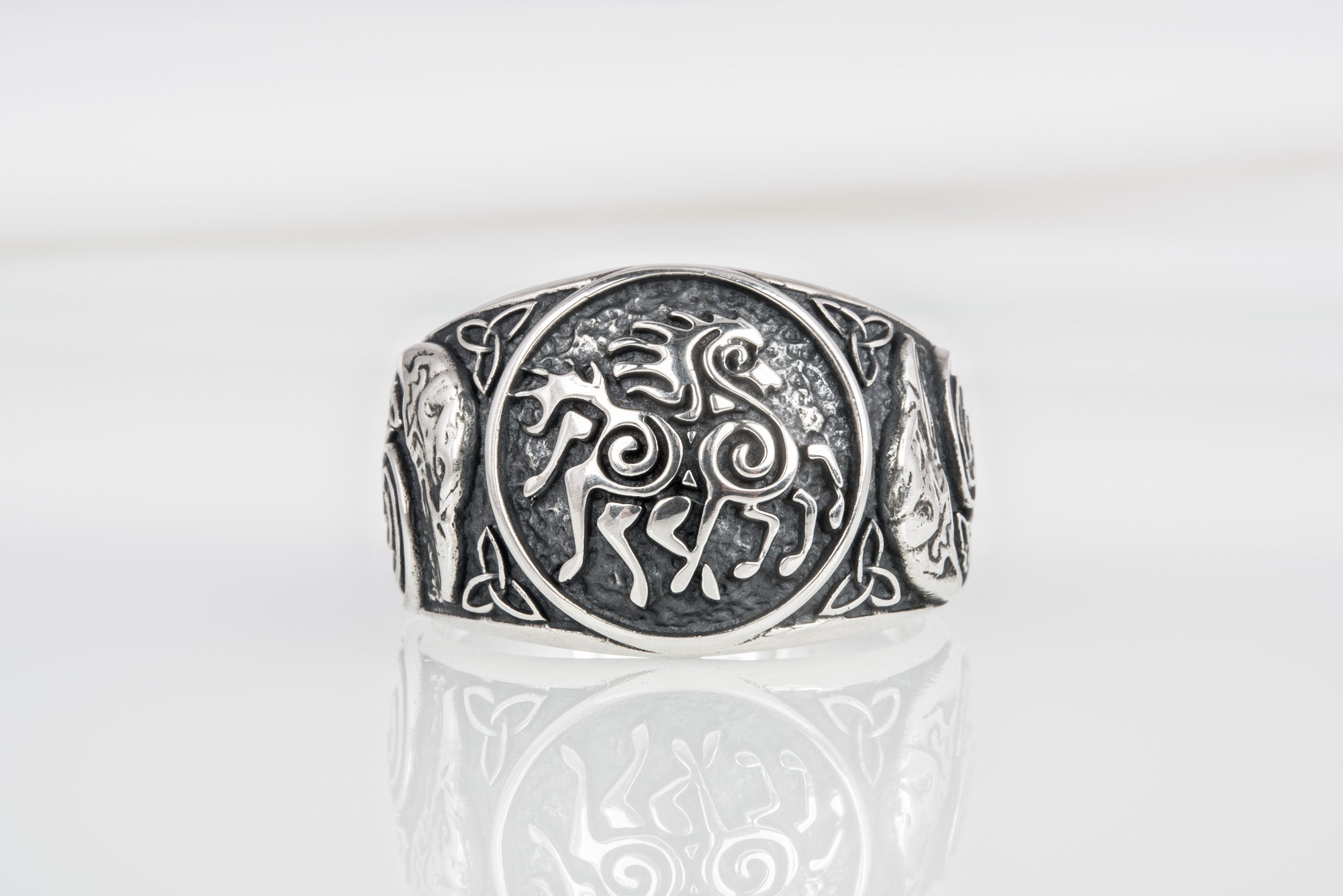 925 silver unique Viking ring with Sleipnir and Ravens on sides, handcrafted ancient norse ornament jewelry - vikingworkshop