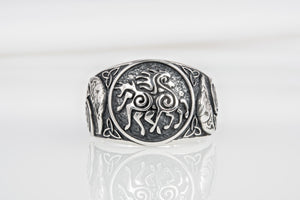 925 silver unique Viking ring with Sleipnir and Ravens on sides, handcrafted ancient norse ornament jewelry - vikingworkshop