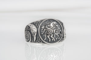 925 silver unique Viking ring with Sleipnir and Ravens on sides, handcrafted ancient norse ornament jewelry - vikingworkshop