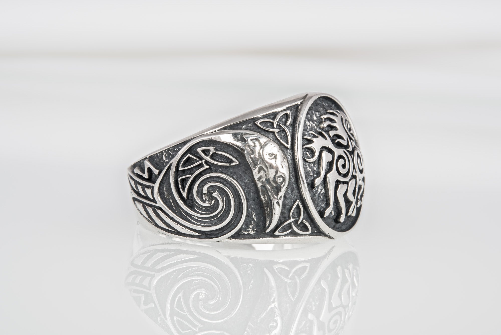 925 silver unique Viking ring with Sleipnir and Ravens on sides, handcrafted ancient norse ornament jewelry - vikingworkshop