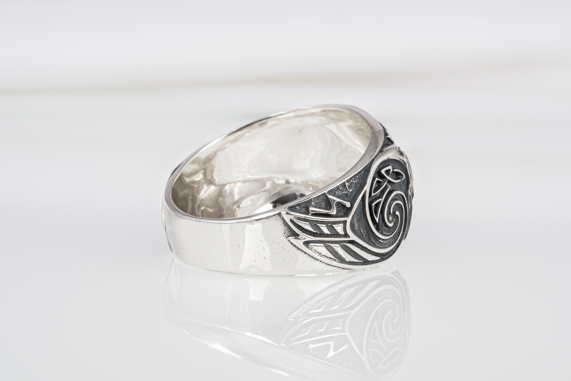 925 silver unique Viking ring with Sleipnir and Ravens on sides, handcrafted ancient norse ornament jewelry - vikingworkshop