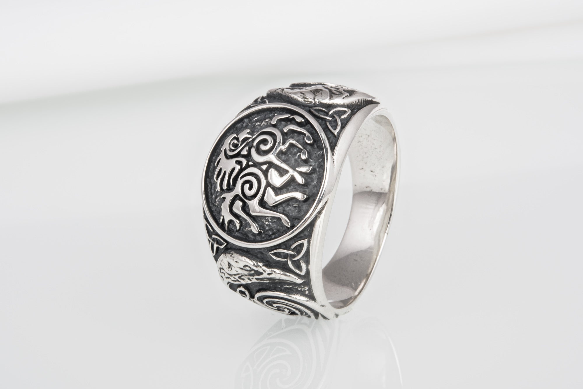 925 silver unique Viking ring with Sleipnir and Ravens on sides, handcrafted ancient norse ornament jewelry - vikingworkshop