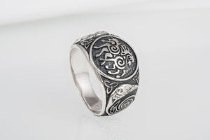 925 silver unique Viking ring with Sleipnir and Ravens on sides, handcrafted ancient norse ornament jewelry - vikingworkshop