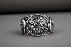 925 silver unique Viking ring with Sleipnir and Ravens on sides, handcrafted ancient norse ornament jewelry - vikingworkshop