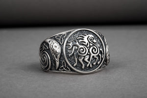 925 silver unique Viking ring with Sleipnir and Ravens on sides, handcrafted ancient norse ornament jewelry - vikingworkshop