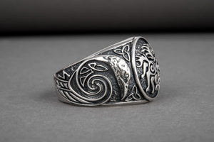 925 silver unique Viking ring with Sleipnir and Ravens on sides, handcrafted ancient norse ornament jewelry - vikingworkshop