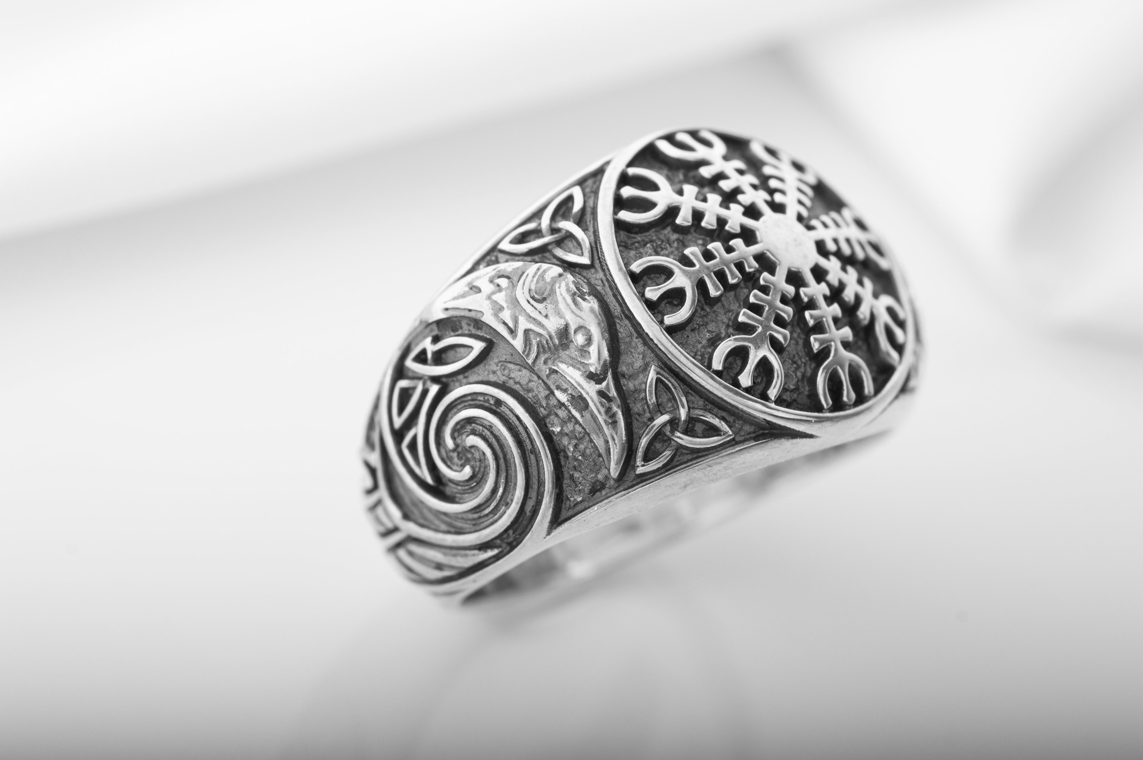 925 Silver Viking ring with Helm Of Awe and Ravens, Unique handcrafted Jewelry - vikingworkshop