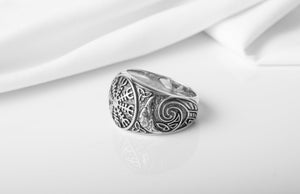 925 Silver Viking ring with Helm Of Awe and Ravens, Unique handcrafted Jewelry - vikingworkshop