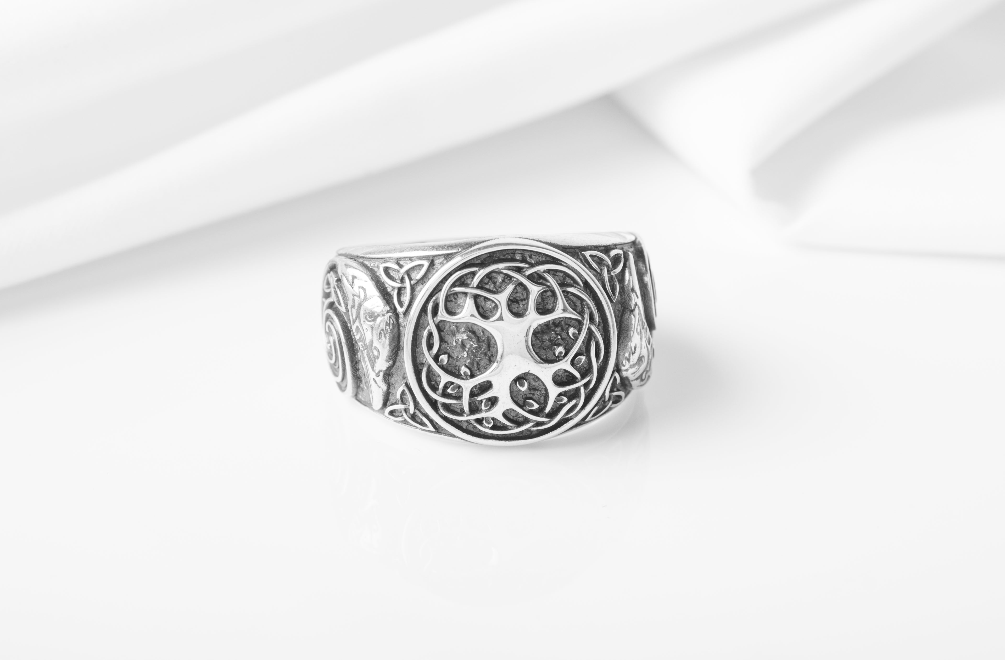 925 Silver Viking ring with Yggdrasil and Ravens, Unique handcrafted Jewelry - vikingworkshop