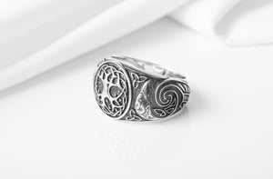 925 Silver Viking ring with Yggdrasil and Ravens, Unique handcrafted Jewelry - vikingworkshop