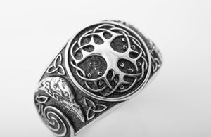 925 Silver Viking ring with Yggdrasil and Ravens, Unique handcrafted Jewelry - vikingworkshop