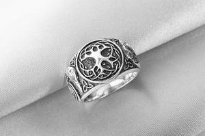 925 Silver Viking ring with Yggdrasil and Ravens, Unique handcrafted Jewelry - vikingworkshop