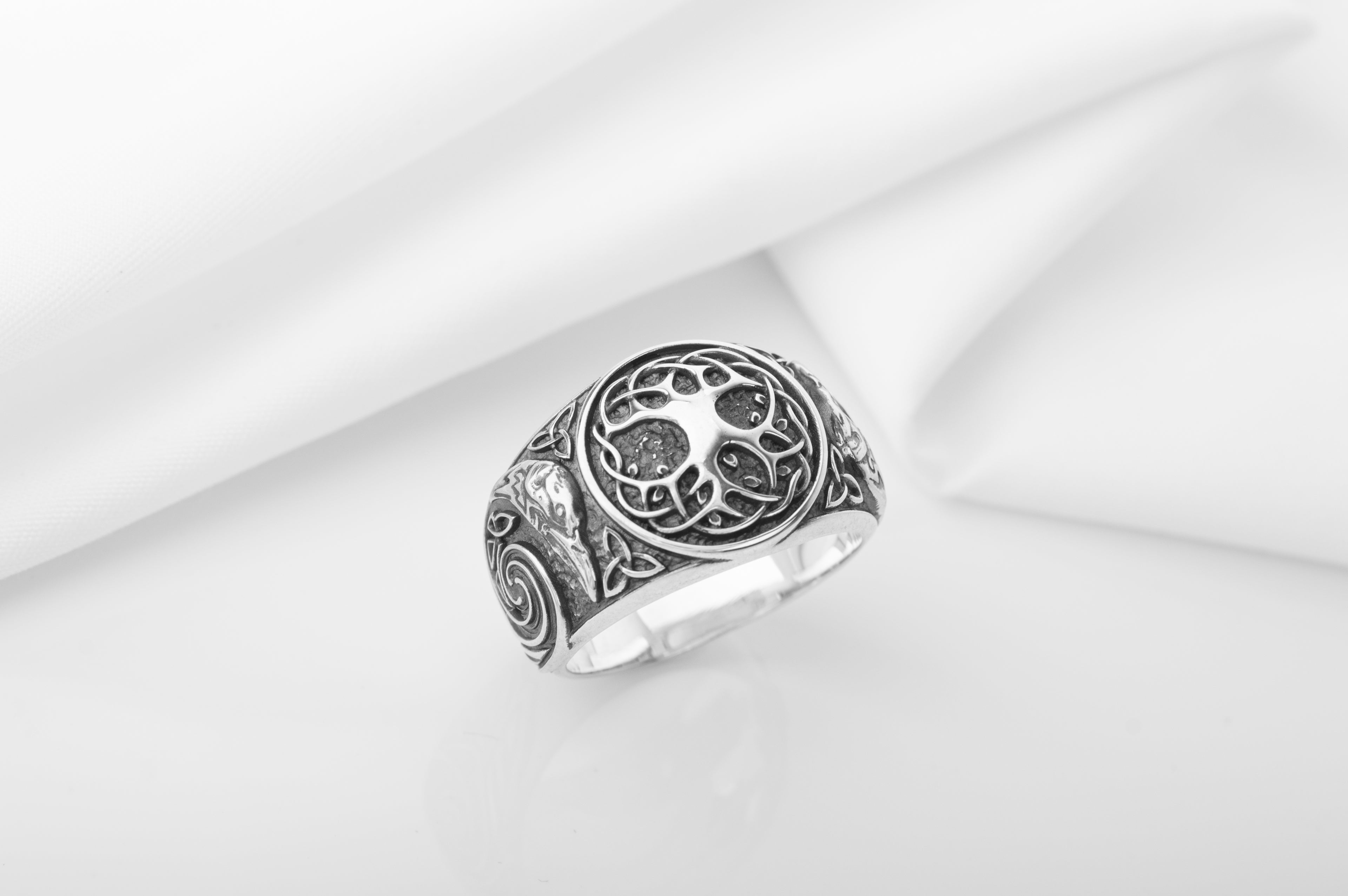925 Silver Viking ring with Yggdrasil and Ravens, Unique handcrafted Jewelry - vikingworkshop