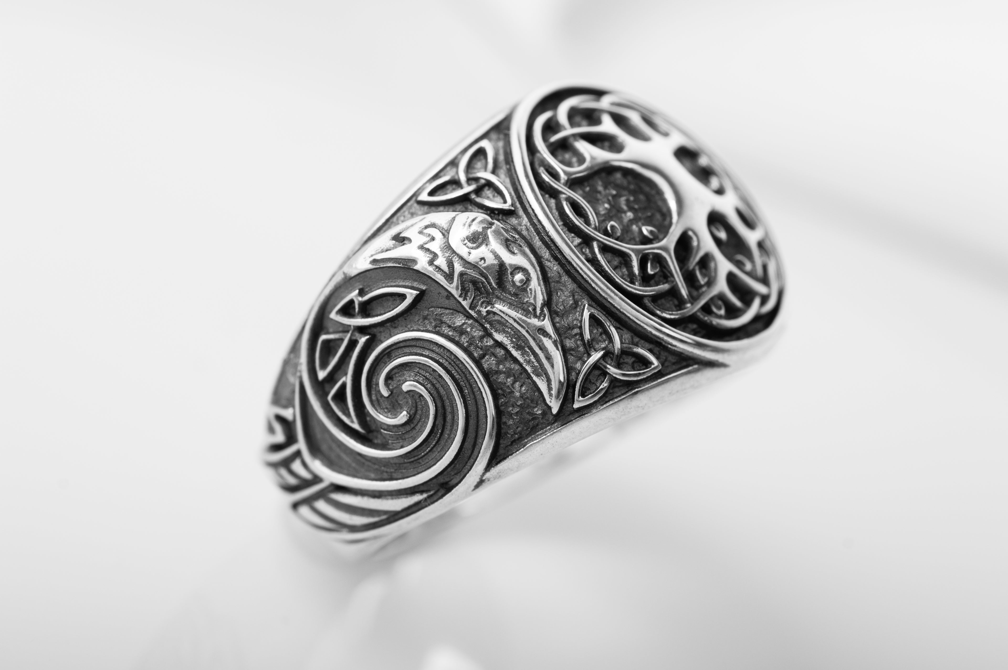 925 Silver Viking ring with Yggdrasil and Ravens, Unique handcrafted Jewelry - vikingworkshop