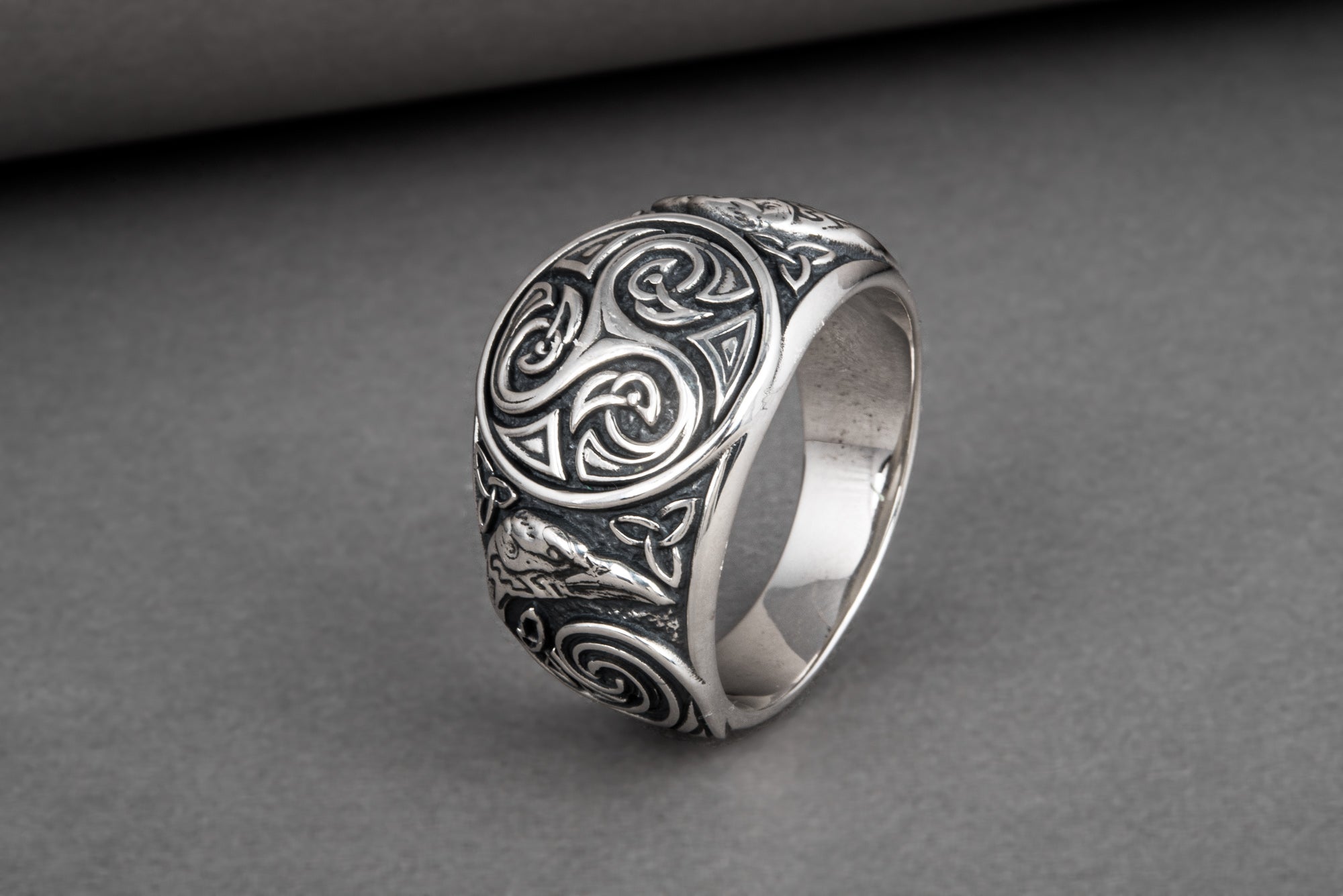 Handcrafted 925 silver Trixel Viking ring with ravens and unique norse ornament, ancient style jewelry - vikingworkshop