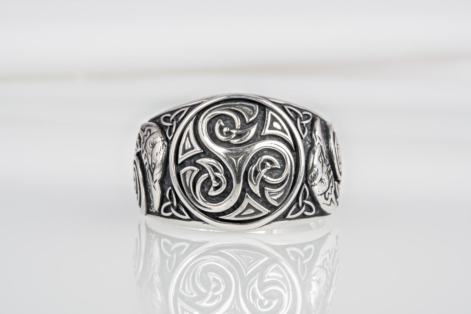 Handcrafted 925 silver Trixel Viking ring with ravens and unique norse ornament, ancient style jewelry - vikingworkshop