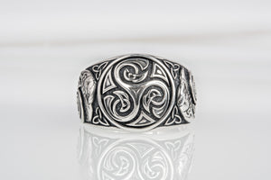 Handcrafted 925 silver Trixel Viking ring with ravens and unique norse ornament, ancient style jewelry - vikingworkshop