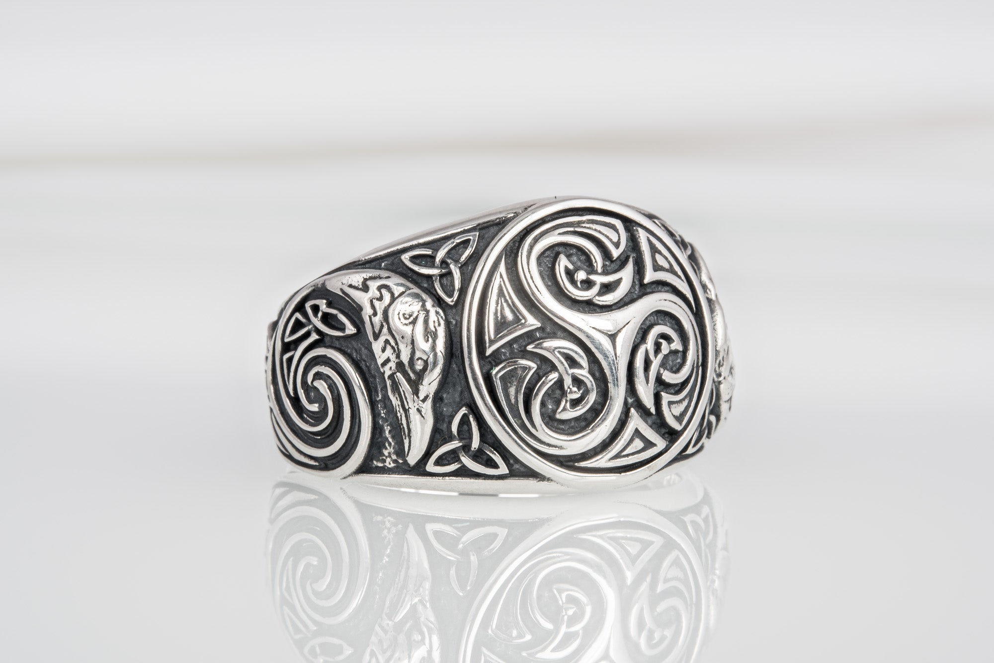 Handcrafted 925 silver Trixel Viking ring with ravens and unique norse ornament, ancient style jewelry - vikingworkshop