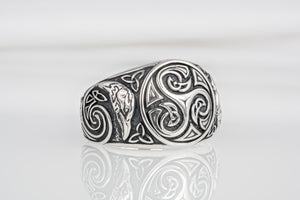 Handcrafted 925 silver Trixel Viking ring with ravens and unique norse ornament, ancient style jewelry - vikingworkshop