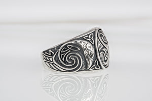 Handcrafted 925 silver Trixel Viking ring with ravens and unique norse ornament, ancient style jewelry - vikingworkshop