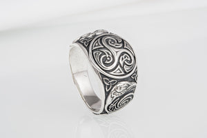 Handcrafted 925 silver Trixel Viking ring with ravens and unique norse ornament, ancient style jewelry - vikingworkshop