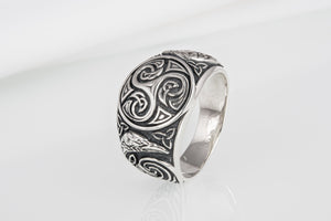 Handcrafted 925 silver Trixel Viking ring with ravens and unique norse ornament, ancient style jewelry - vikingworkshop