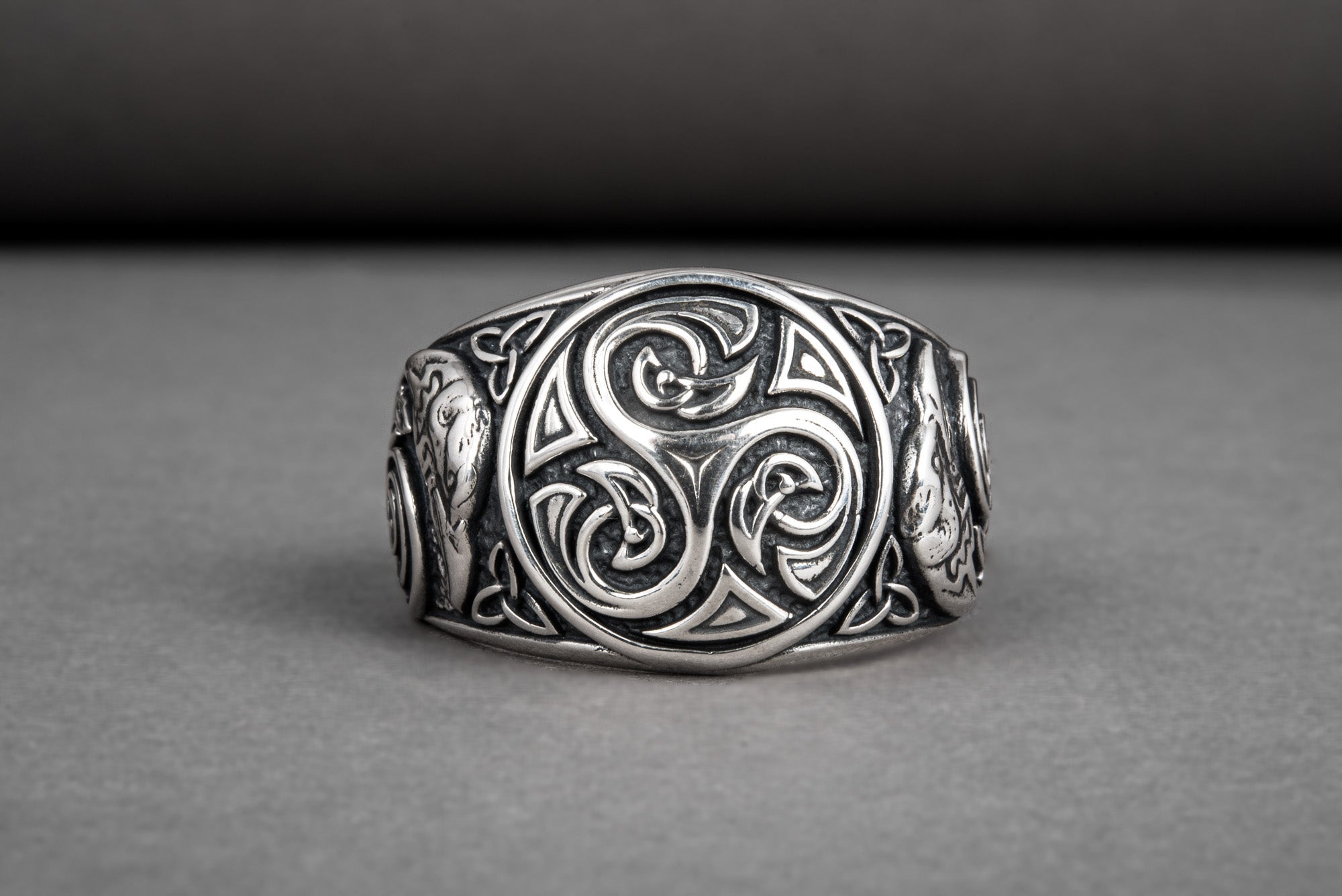 Handcrafted 925 silver Trixel Viking ring with ravens and unique norse ornament, ancient style jewelry - vikingworkshop