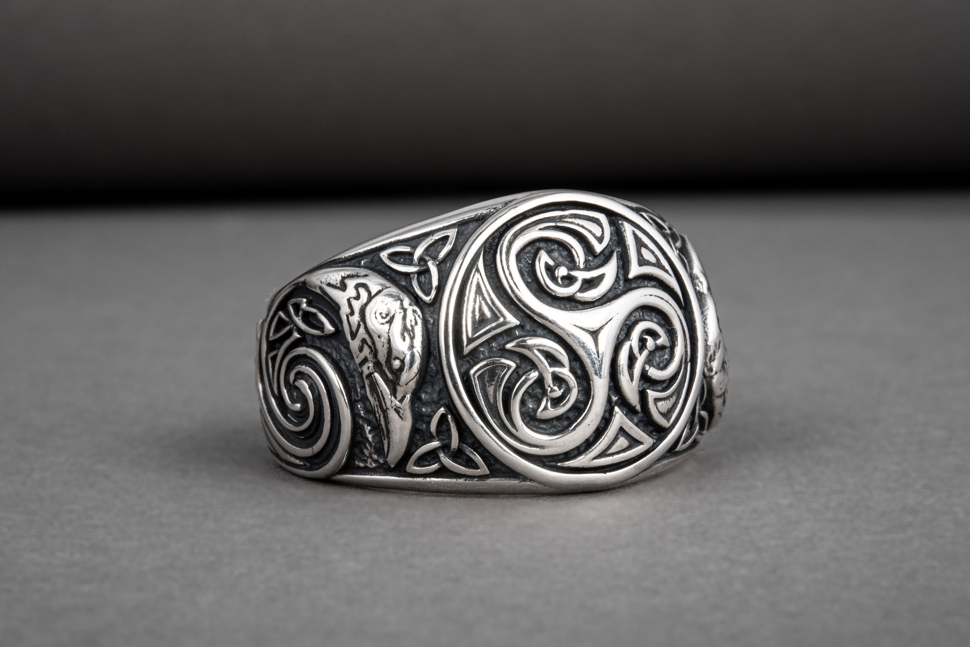 Handcrafted 925 silver Trixel Viking ring with ravens and unique norse ornament, ancient style jewelry - vikingworkshop