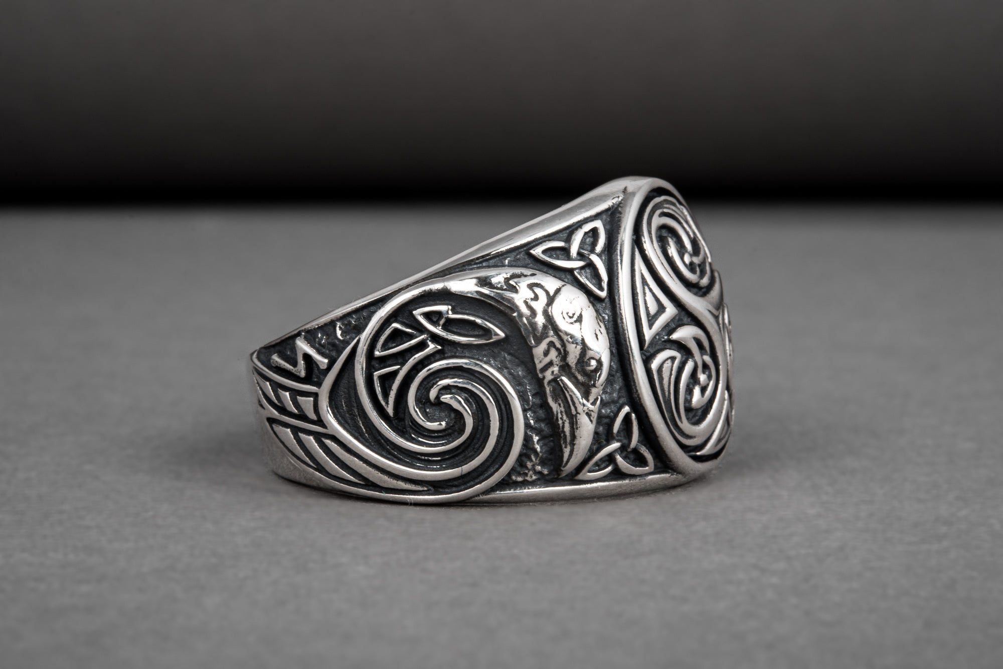 Handcrafted 925 silver Trixel Viking ring with ravens and unique norse ornament, ancient style jewelry - vikingworkshop