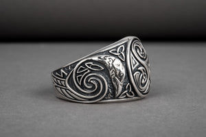 Handcrafted 925 silver Trixel Viking ring with ravens and unique norse ornament, ancient style jewelry - vikingworkshop