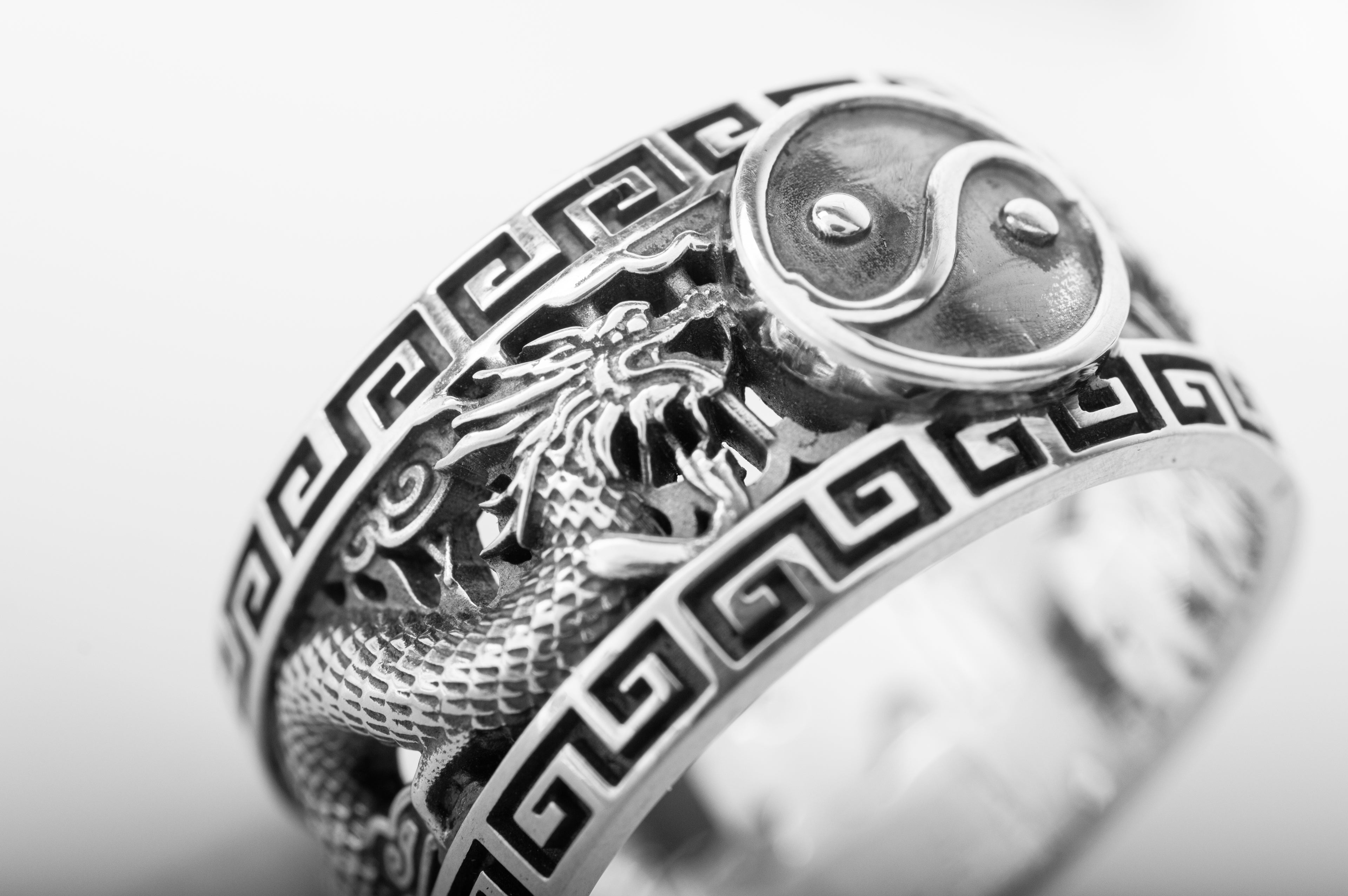 Ying-Yang Symbol Sterling Silver Ring with Dragons