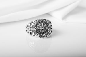 925 Silver Viking ring with Helm of Awe and Rough textured ornament, unique handmade jewelry - vikingworkshop