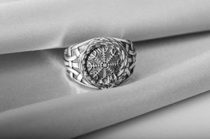 925 Silver Viking ring with Helm of Awe and Rough textured ornament, unique handmade jewelry - vikingworkshop