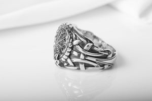 925 Silver Viking ring with Helm of Awe and Rough textured ornament, unique handmade jewelry - vikingworkshop